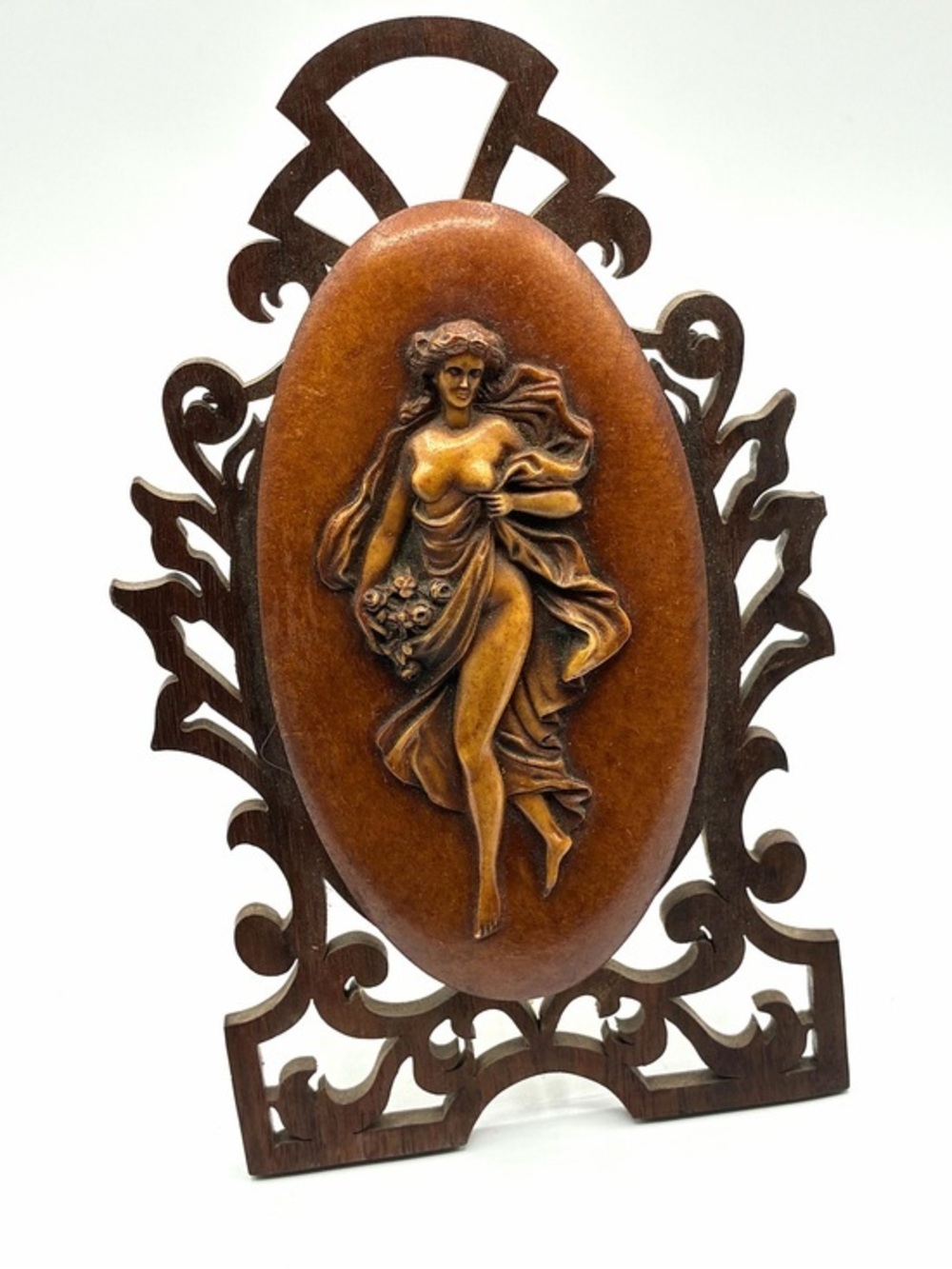 Vintage Art Nouveau Style Nude Maiden Wood & Resin Relief Plaque